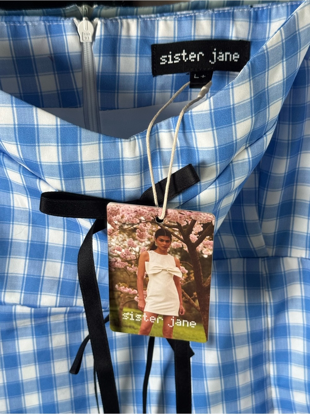 NWT Urban Outfitters Sister Jane Black Bow Lavender Gingham Mini Dress Size 12 - Picture 4 of 7